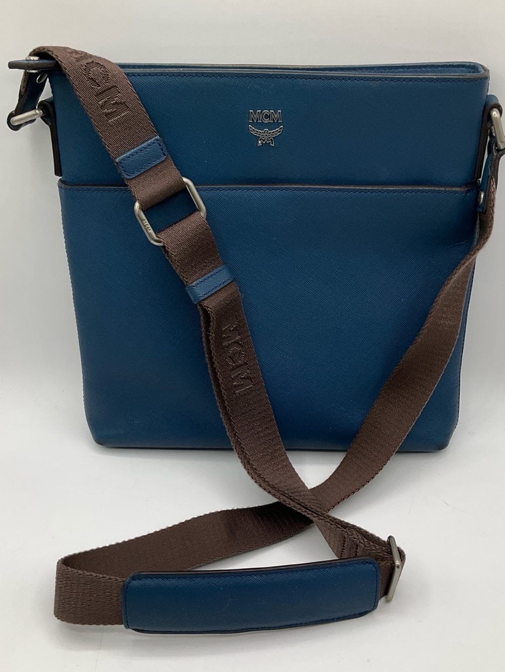 MCM Blue Saffiano Leather Crossbody Messenger Bag Purse Adjustable Strap